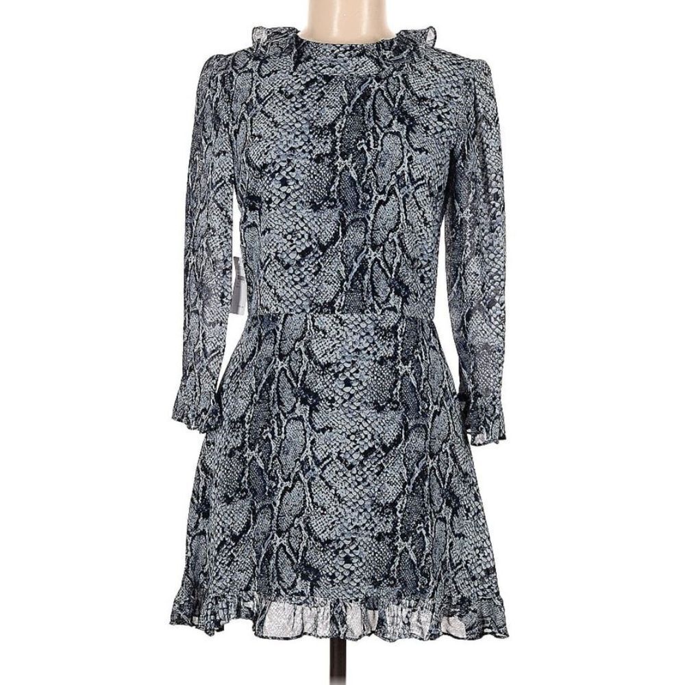 NEW Reformation 3/4 Sleeve Stevie Dress Ruffle Mini Blue Snake Print Size 6